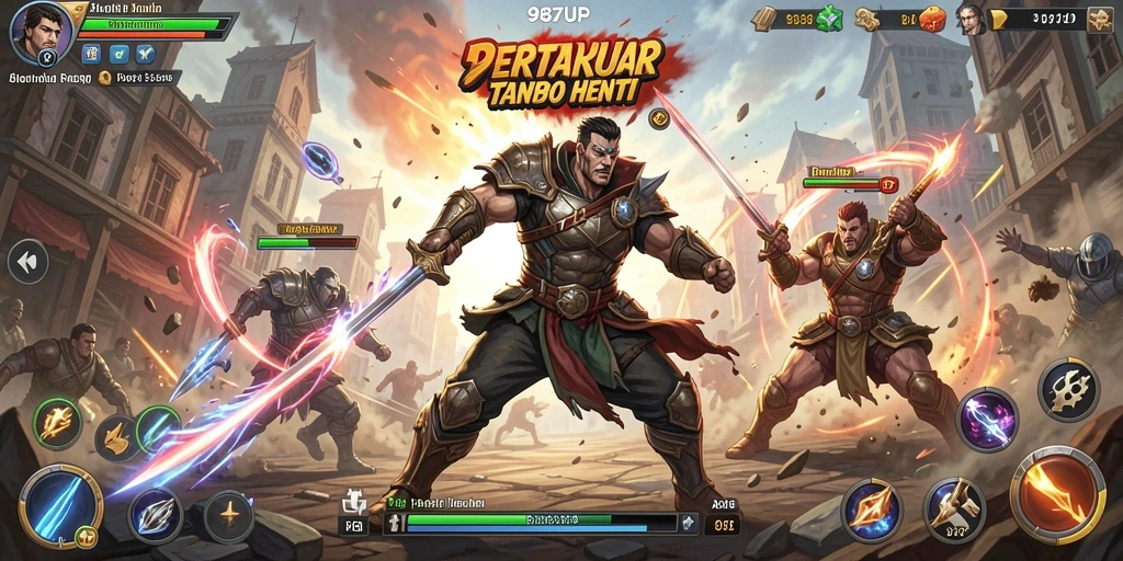 Screenshot utama 987UP menampilkan pertarungan intens antara karakter di arena aksi.
