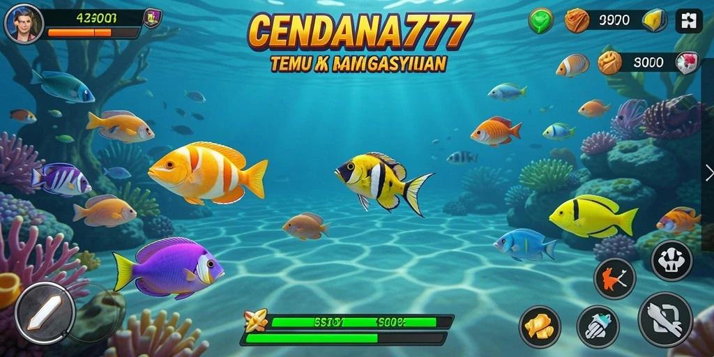 Tangkapan layar gameplay CENDANA777 dengan ikan berwarna-warni.