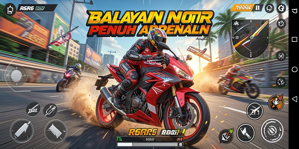 Screenshot gameplay R6R6 dengan balapan motor yang menegangkan.