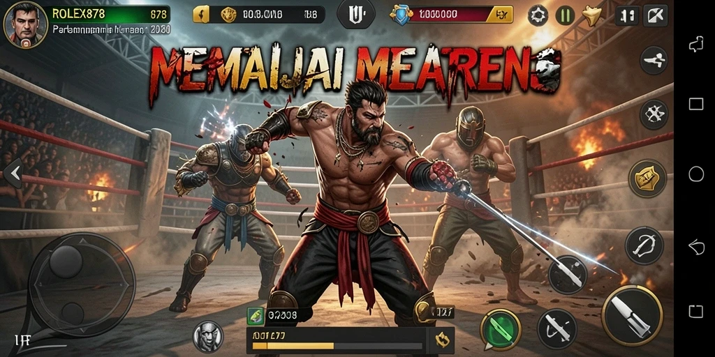 Menampilkan karakter bertarung di arena yang menegangkan.